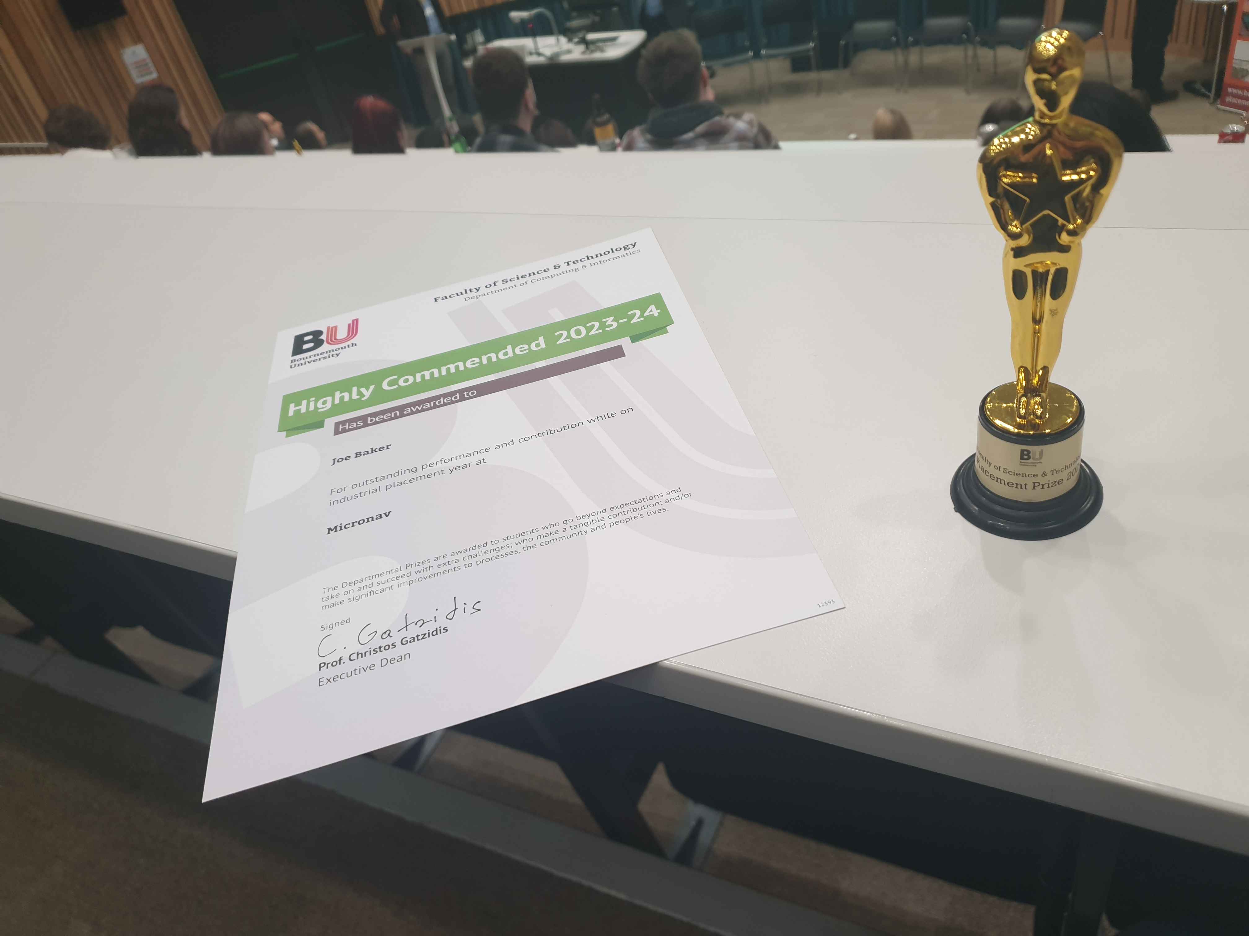 Bournemouth University Highly Commended 2023-24 Award for outstanding performance and contribution while on industrial placement year at Micro Nav