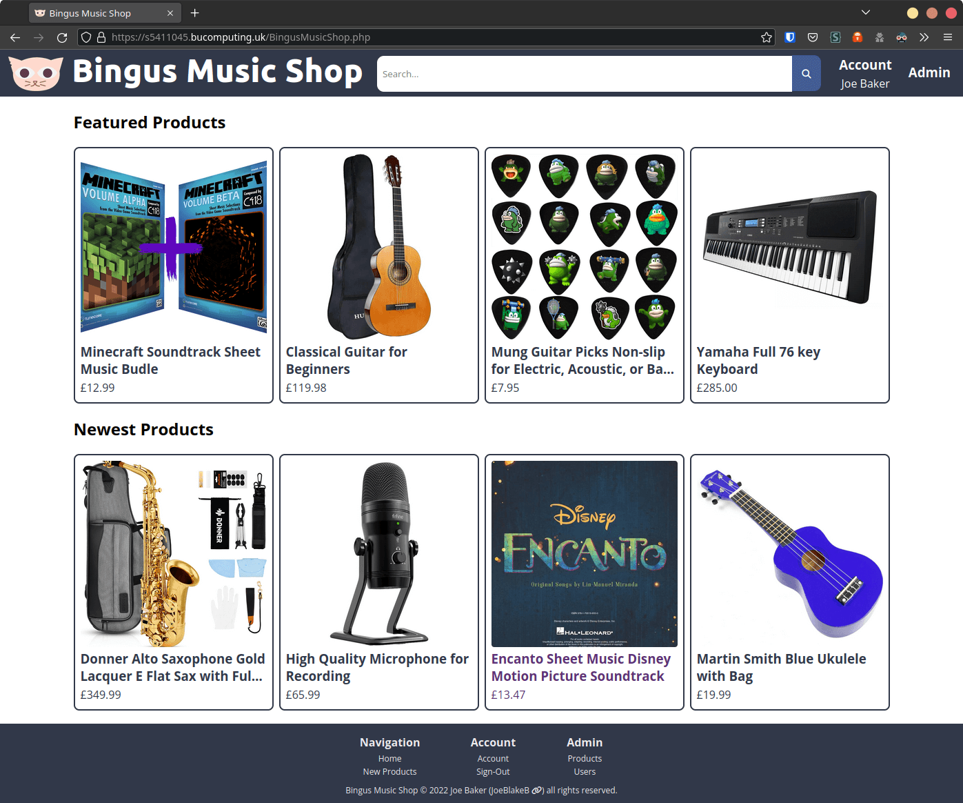 Bingus Music Shop Homepage Screenshot