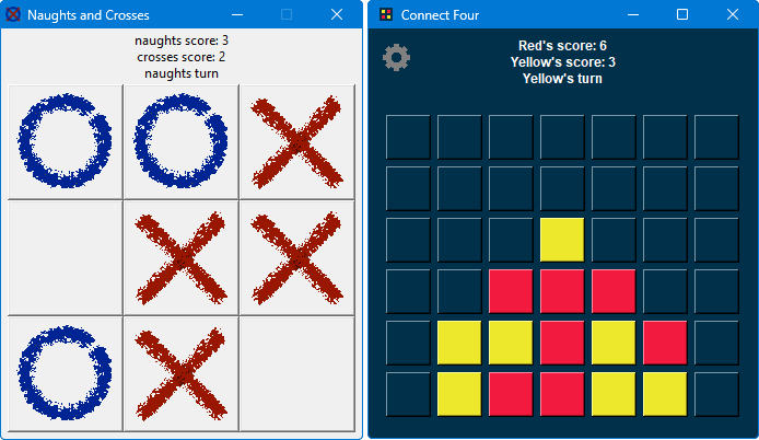Screenshot of the Naughts and Crosses and the Connect Four games